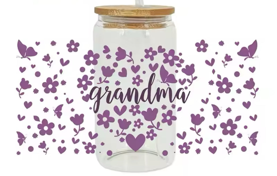 Grandma - purple hearts, butterflies & flowers