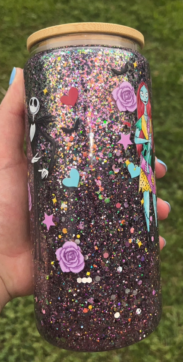 Jack & Sally with Hearts & Roses - 16 oz decal & glitter snowglobe cup