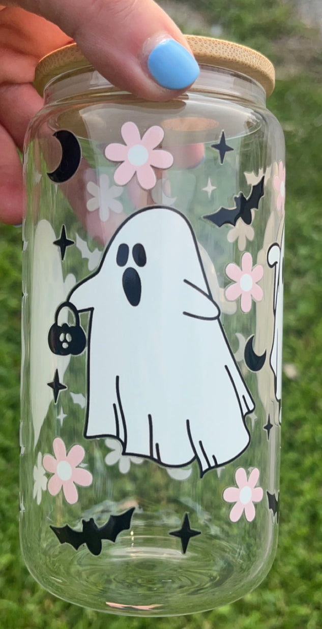 Ghost w/Flowers, bats & moons - 16 oz decal glass cup