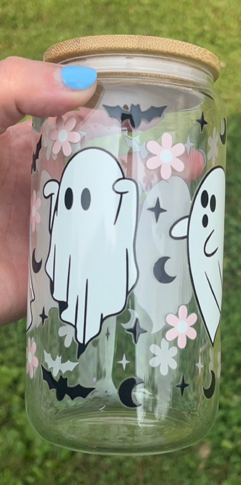 Ghost w/Flowers, bats & moons - 16 oz decal glass cup