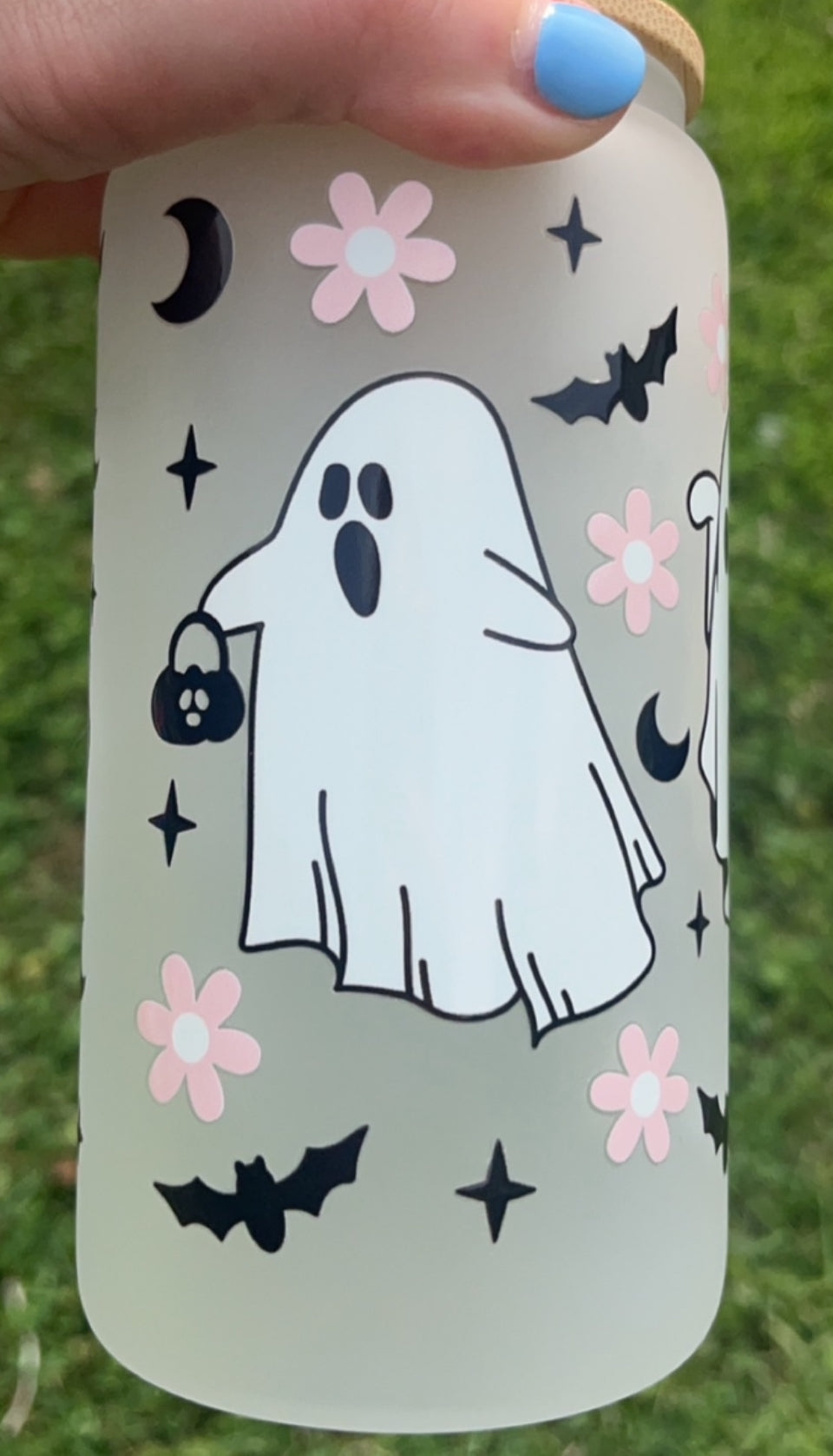 Ghost & Flowers, moons & bats - 16oz decal frosty glass cup