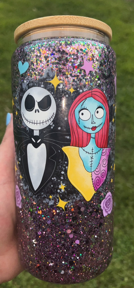 Jack & Sally with Hearts & Roses - 16 oz decal & glitter snowglobe cup