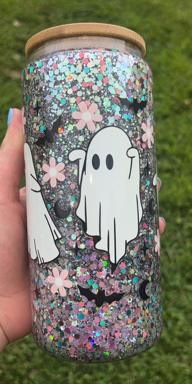 Ghost & Flowers & Bats - 16 oz decal & glitter snowglobe cup