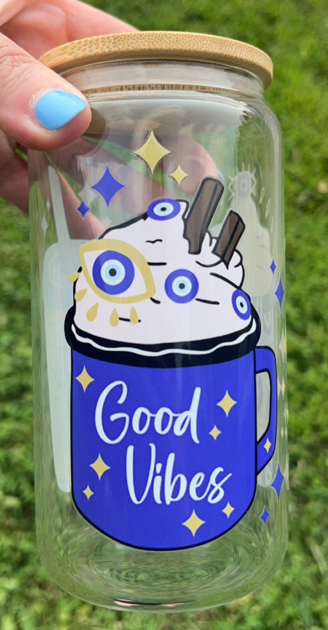 Evil Eye good vibes - 16 oz decal glass cup