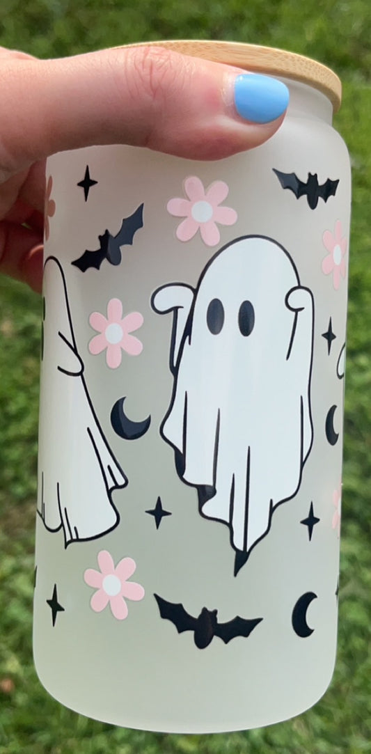 Ghost & Flowers, moons & bats - 16oz decal frosty glass cup