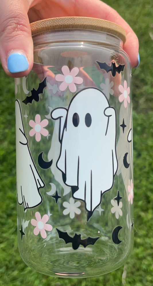 Ghost w/Flowers, bats & moons - 16 oz decal glass cup